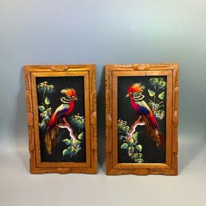 Pair Of 5” X 8” Handcrafted Wall Art with Applied Feathers Beautiful Birds Light